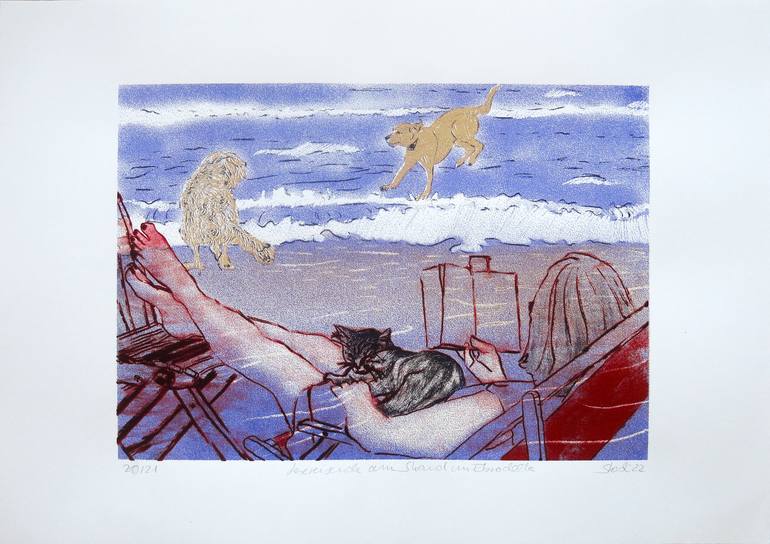 Lesereisende am Strand im Ebrodelta, Siebdruck Original Printmaking by Skadi Engeln