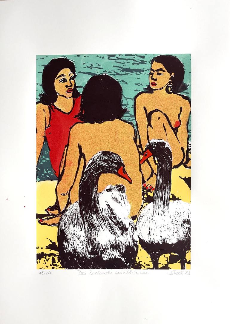 Drei Badende mit zwei Schwänen - three bather with two swans Original Printmaking by Skadi Engeln